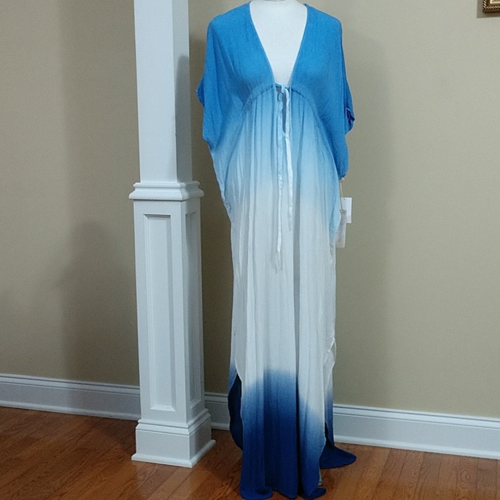 NEW Kimono Maxi Dress Green Dragon Kaftan Crinkle Gauze Ombre Blue White S-M-L